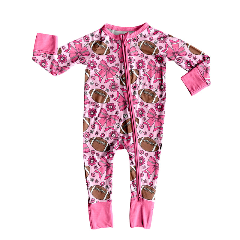 Baby Girls Pink Bows Flowers Footballs Team Zipper Footie Rompers Preorder
