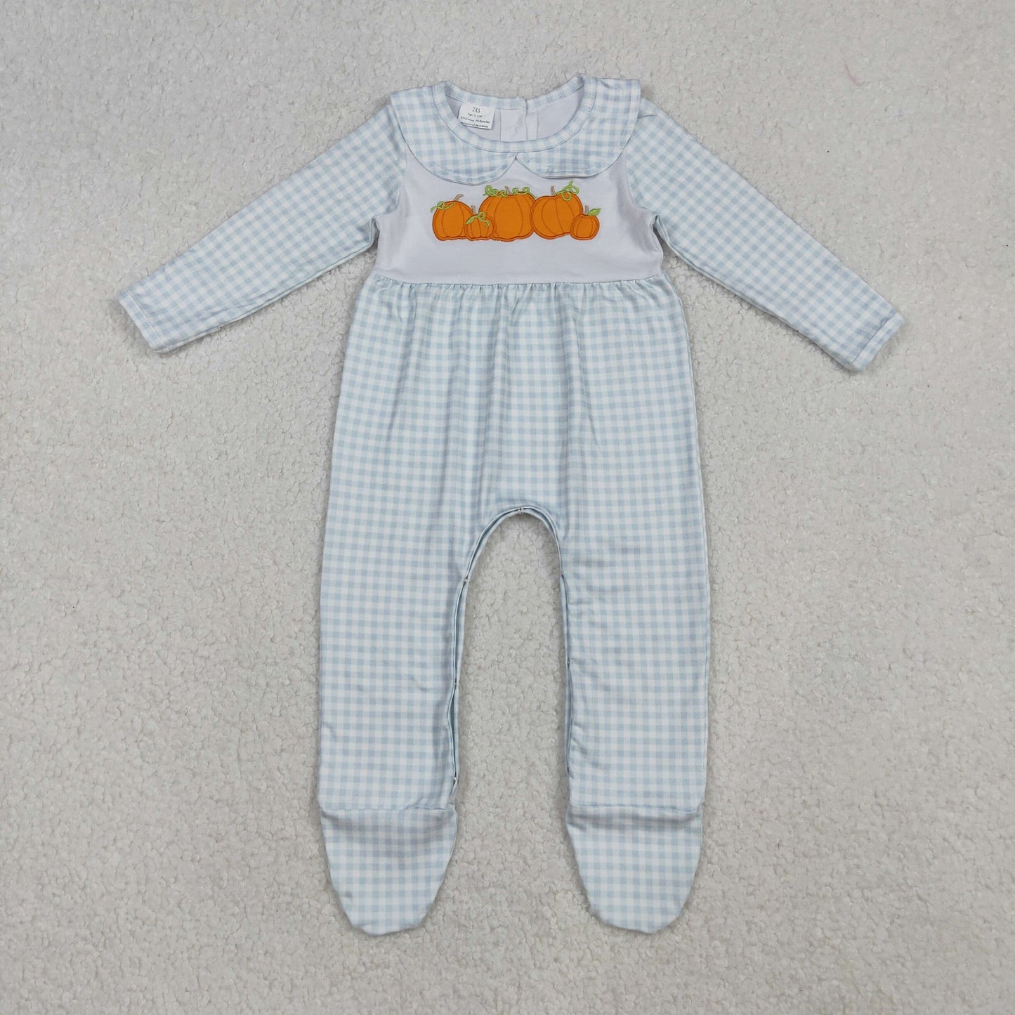 Embroidery Pumpkins Baby Girls Blue Plaid Fall Footed Rompers