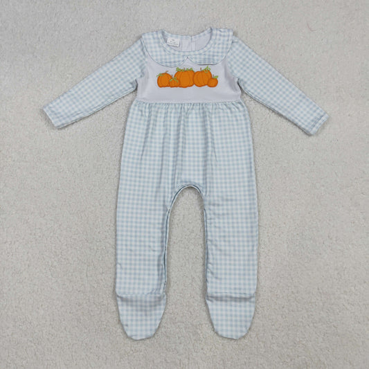 Embroidery Pumpkins Baby Girls Blue Plaid Fall Footed Rompers