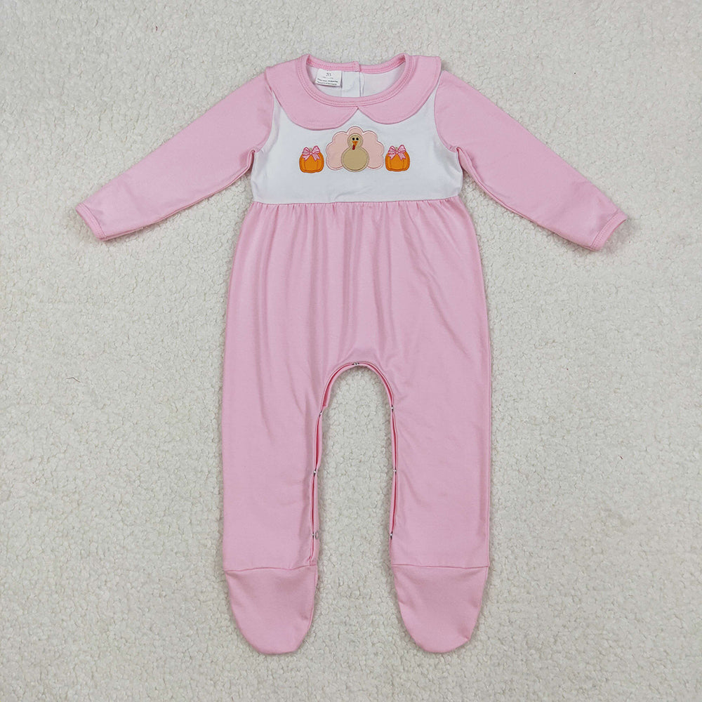 Embroidery Pumpkins Turkey Baby Girls Thanksgiving Pink Fall Footed Rompers