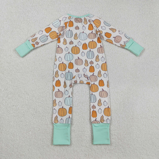Baby Boys Green Pumpkins Fall Zipper Footie Rompers