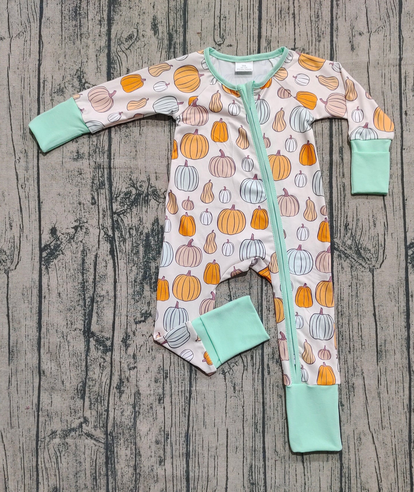 Baby Boys Green Pumpkins Fall Zipper Footie Rompers