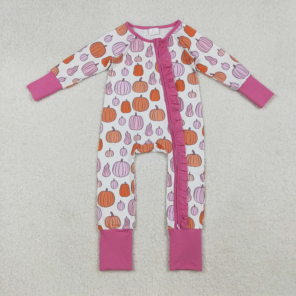 Baby Girls Colorful Pumpkins Fall Ruffle Zipper Footie Rompers