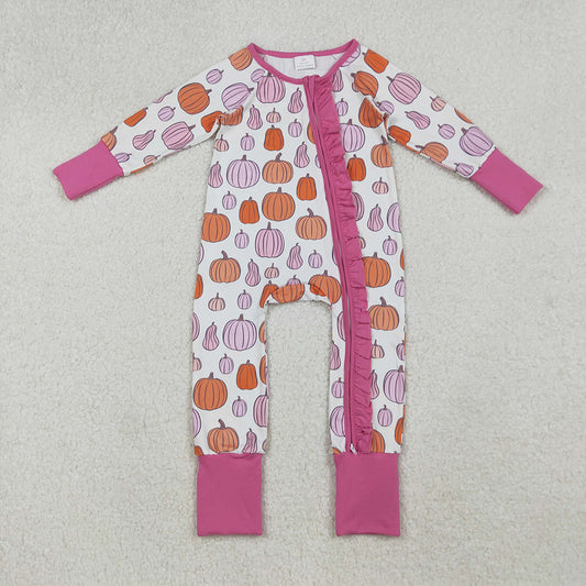 Baby Girls Colorful Pumpkins Fall Ruffle Zipper Footie Rompers