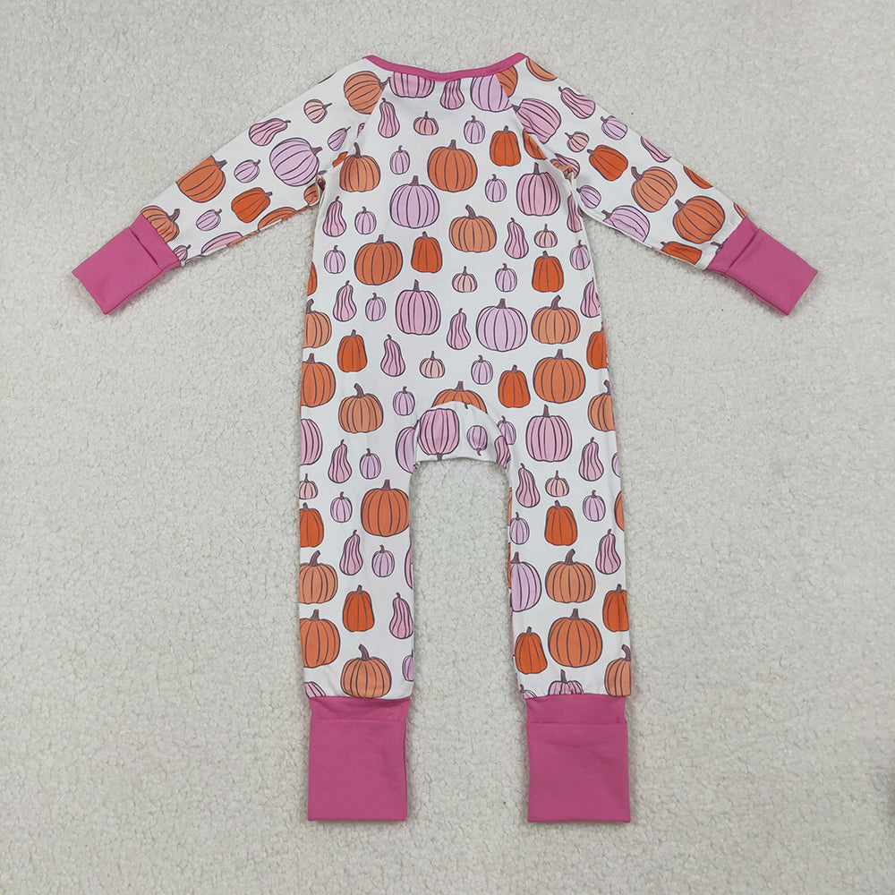 Baby Girls Colorful Pumpkins Fall Ruffle Zipper Footie Rompers