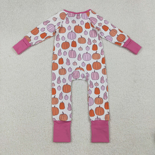 Baby Girls Colorful Pumpkins Fall Ruffle Zipper Footie Rompers