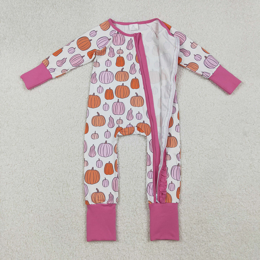 Baby Girls Colorful Pumpkins Fall Ruffle Zipper Footie Rompers