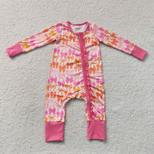 Baby Girls Long Sleeves Bows Two Way Ruffle Zip Convertible Rompers