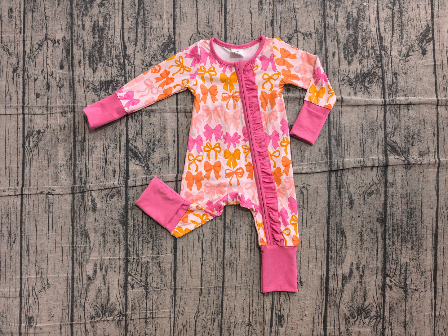 Baby Girls Long Sleeves Pink Bows Plaid Two Way Ruffle Zip Convertible Rompers Preorder