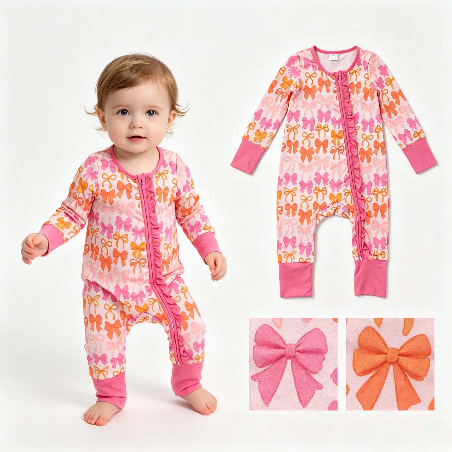 Baby Girls Long Sleeves Bows Two Way Ruffle Zip Convertible Rompers