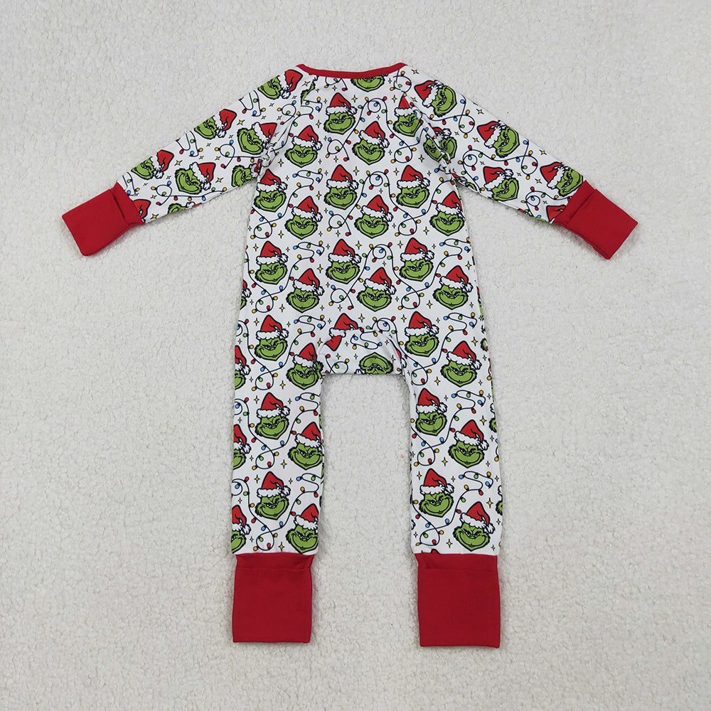 Baby Boys Christmas Lights Green Face Plaid Zipper Footie Rompers