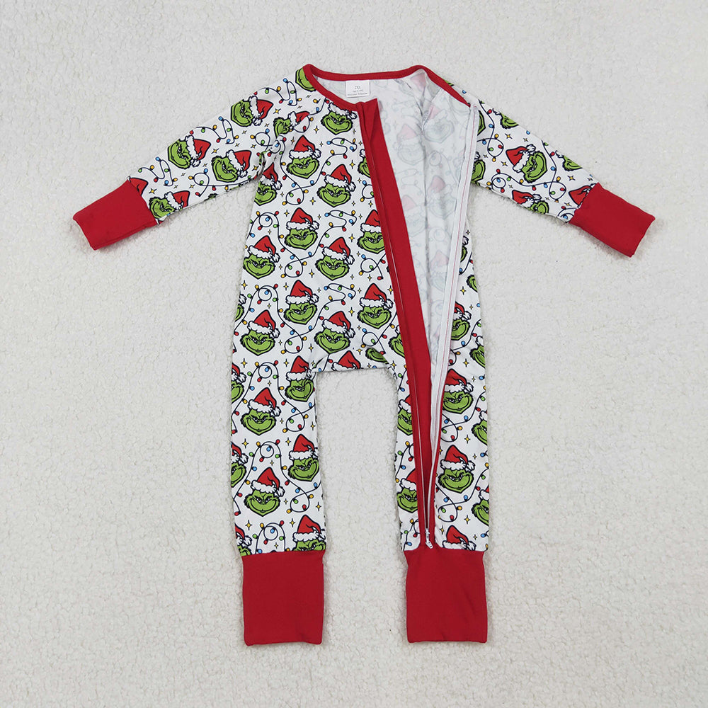 Baby Boys Christmas Lights Green Face Plaid Zipper Footie Rompers