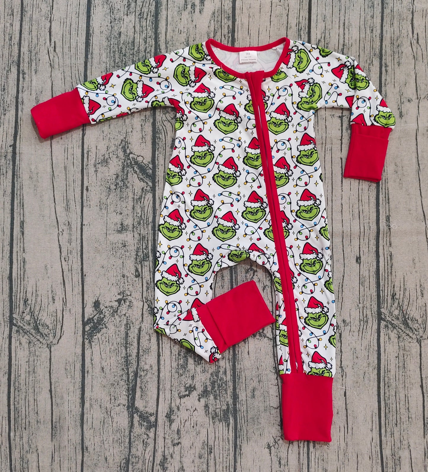 Baby Boys Christmas Lights Green Face Plaid Zipper Footie Rompers