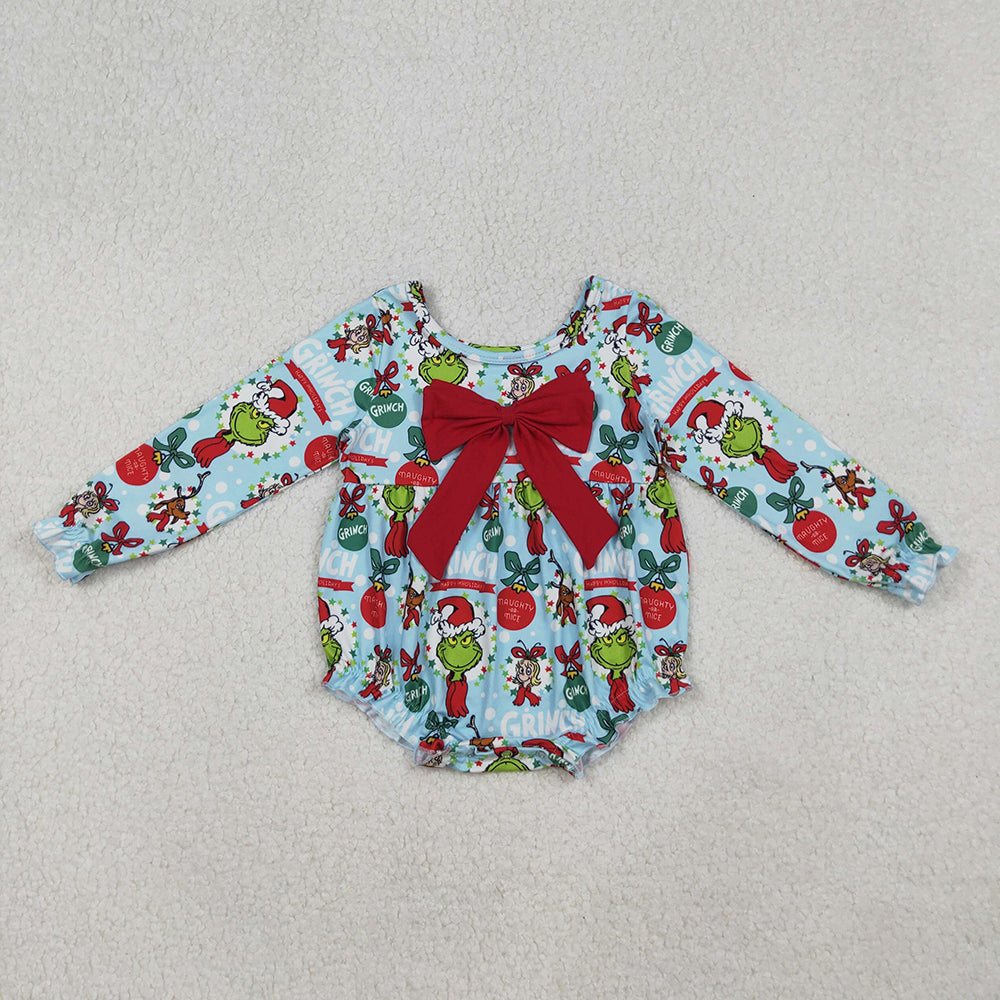 Baby Girls Christmas Green Face Holly Ruffle Rompers
