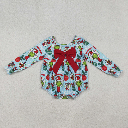 Baby Girls Christmas Green Face Holly Ruffle Rompers