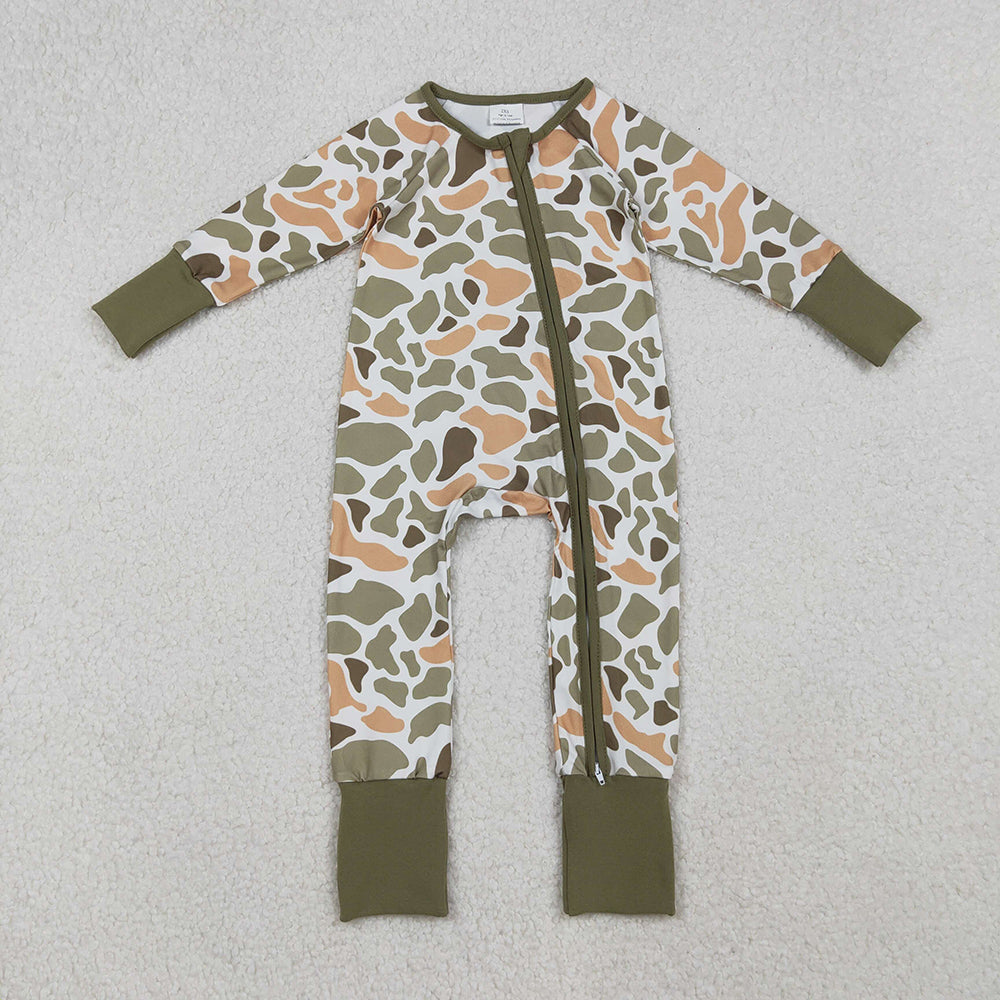 Baby Boys Green Yellow Camo Western Zipper Footie Rompers
