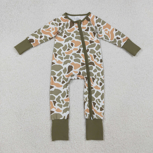 Baby Boys Green Yellow Camo Western Zipper Footie Rompers