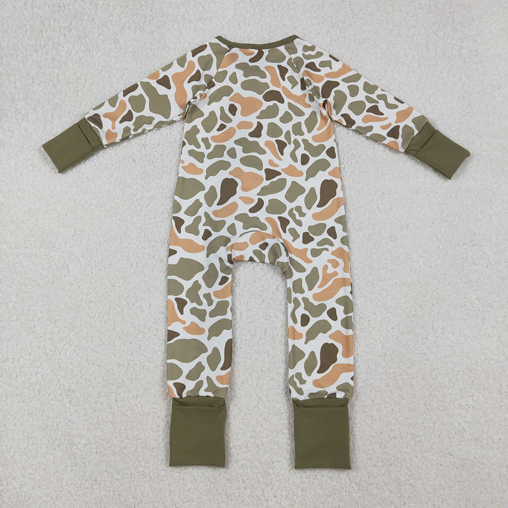 Baby Boys Green Yellow Camo Western Zipper Footie Rompers