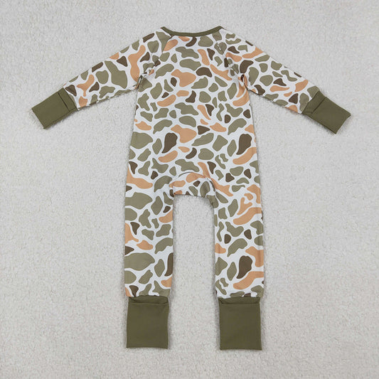 Baby Boys Green Yellow Camo Western Zipper Footie Rompers