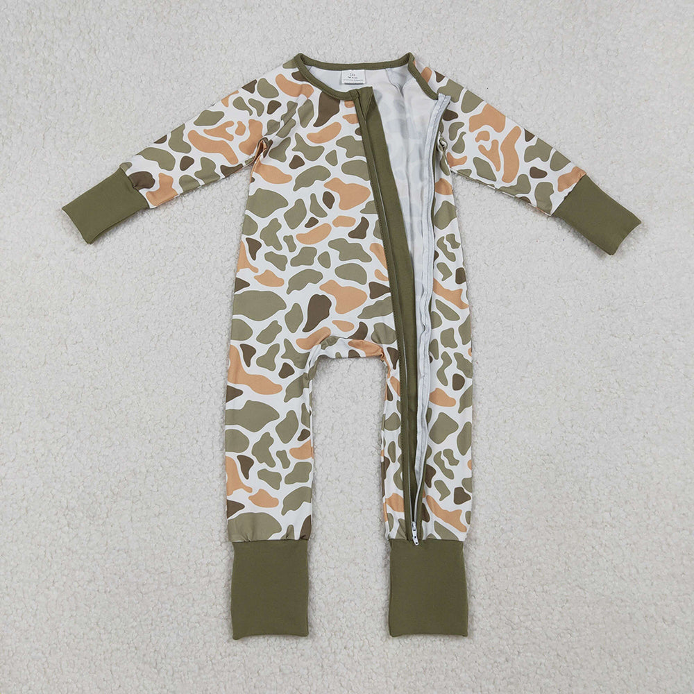 Baby Boys Green Yellow Camo Western Zipper Footie Rompers