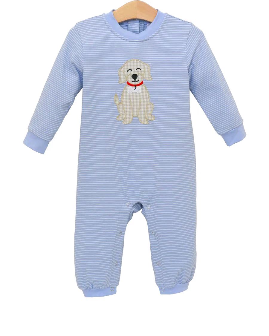 Baby Boys Blue Stripe Dogs Footie Rompers Preorder