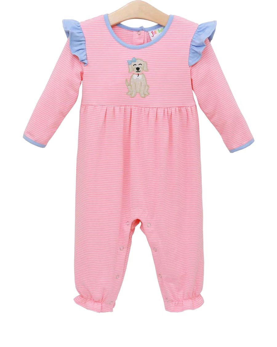 Baby Girls Pink Stripe Dogs Footie Rompers Preorder