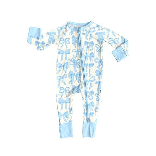 Baby Boys Light Blue Bows Plaid Zipper Footie Rompers Preorder