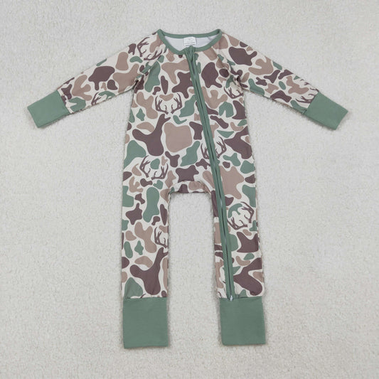 Baby Boys Brown Deer Camo Western Zipper Footie Rompers
