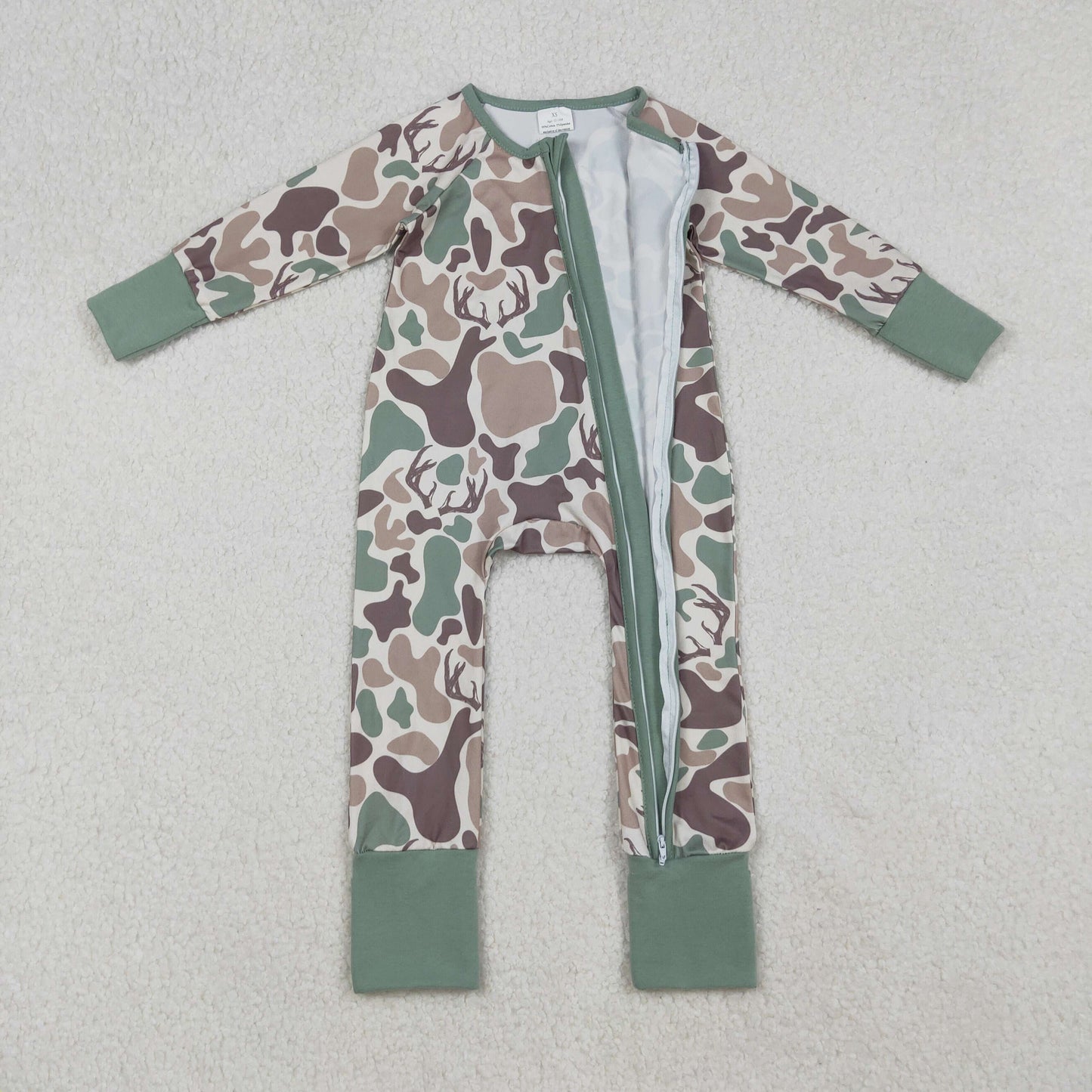Baby Boys Brown Deer Camo Western Zipper Footie Rompers