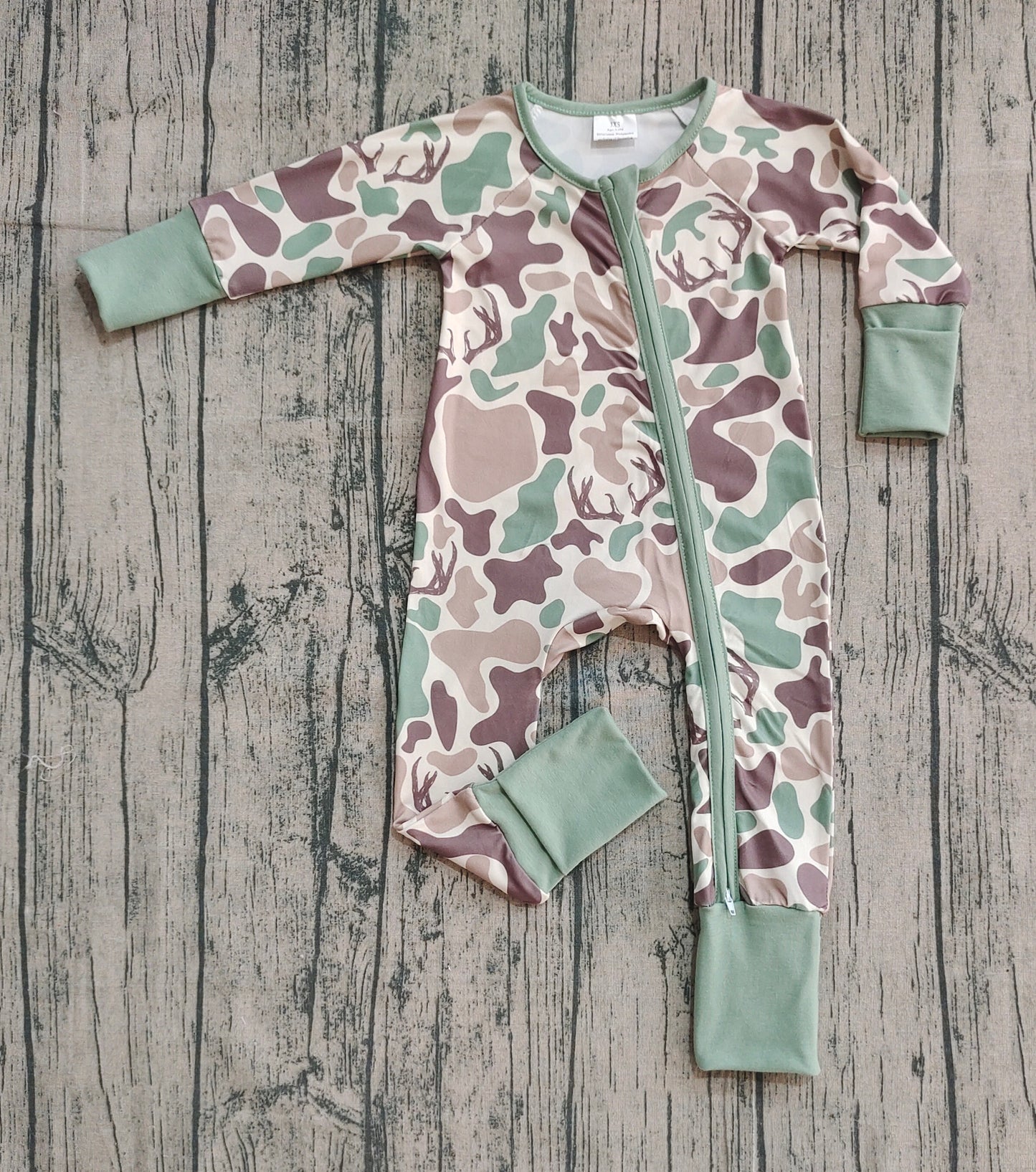 Baby Boys Brown Deer Camo Western Zipper Footie Rompers