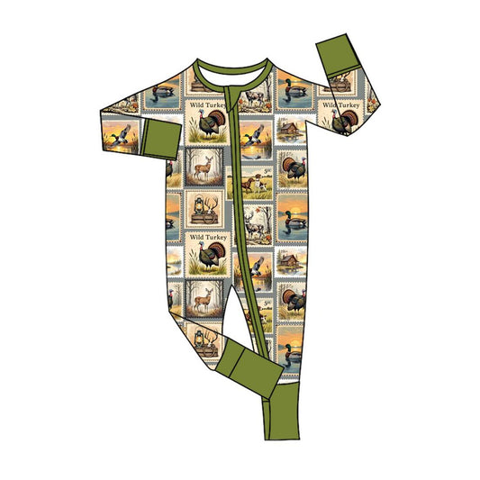 Baby Boys Ducks Deer Turkey Plaid Hunting Zipper Footie Rompers Preorder