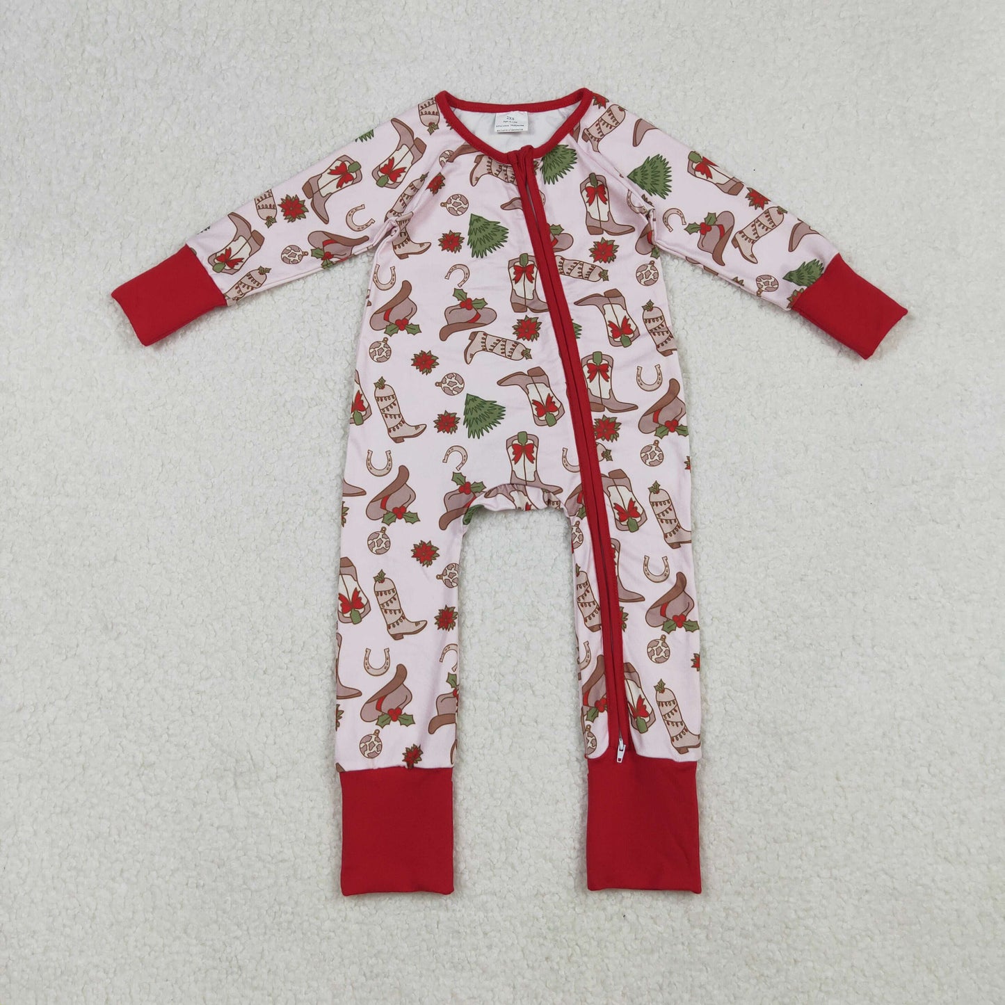 Sibling Baby Girls Boots Holly Trees Christmas Knee Length Dress Zipper Rompers Pajamas Sets
