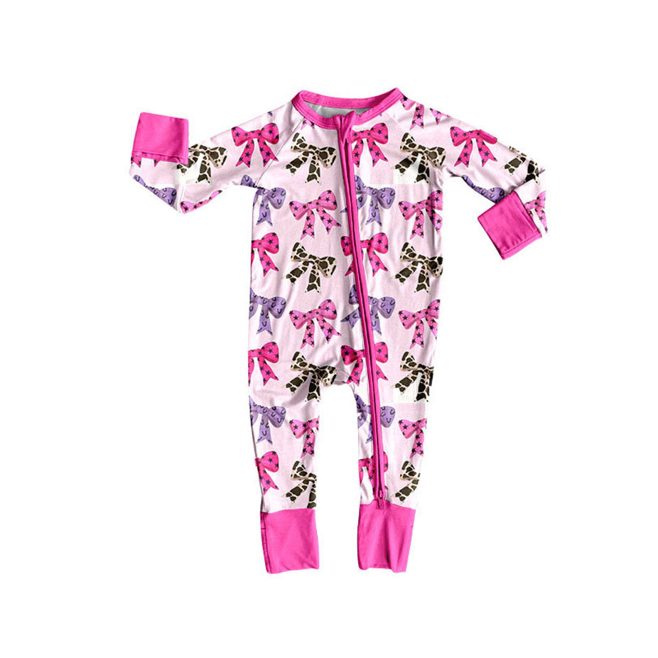 Baby Girls Colorful Bows Plaid Fall Zipper Footie Rompers Preorder