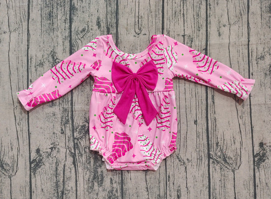 Baby Girls Pink Stripe Trees Stars Bow Top Christmas Ruffle Rompers