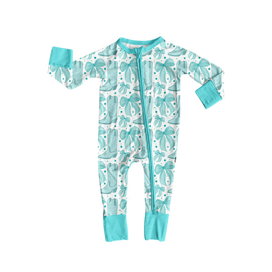 Baby Boys Aqua Bows Boots Plaid Zipper Footie Rompers Preorder