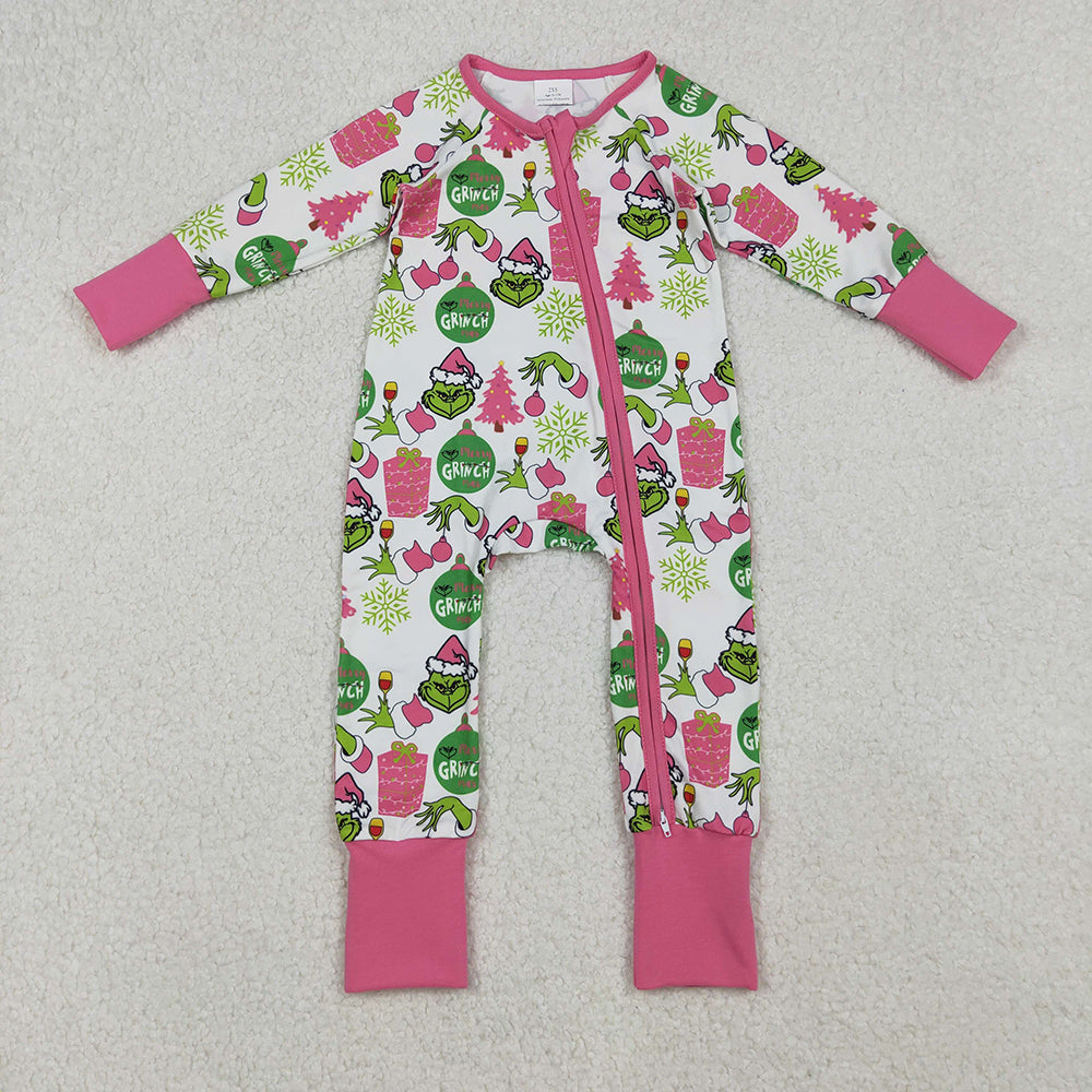 Baby Girls Green Face Gifts Christmas Zipper Footie Rompers