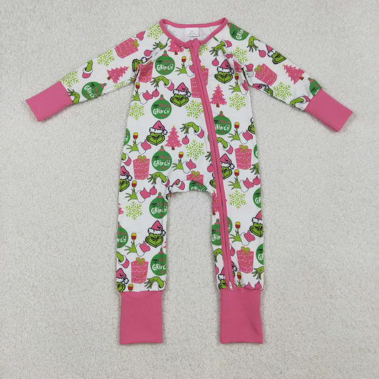 Baby Girls Green Face Gifts Christmas Zipper Footie Rompers