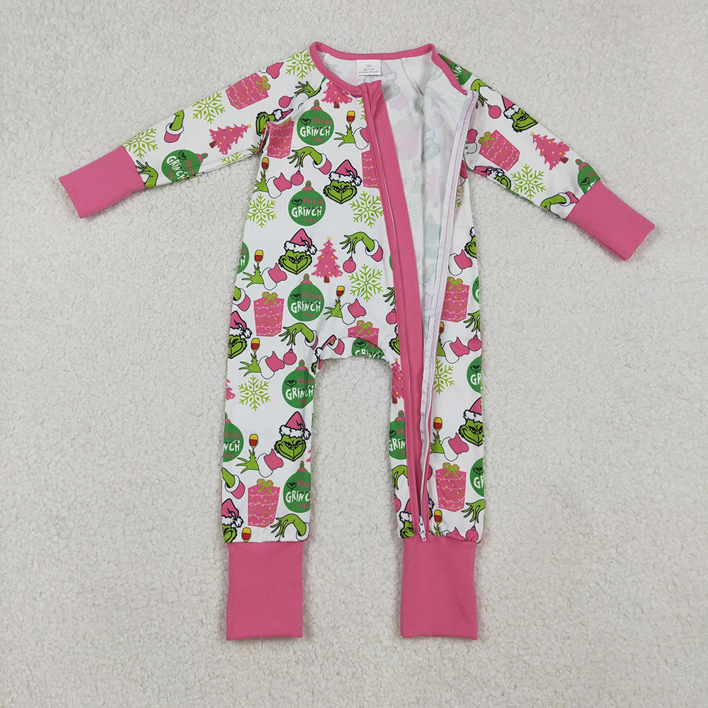 Baby Girls Green Face Gifts Christmas Zipper Footie Rompers