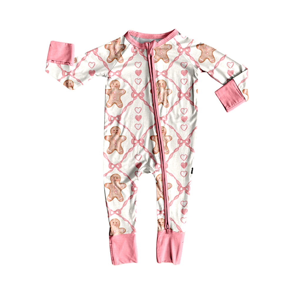 Baby Girls Pink Hearts Gingerbread Plaid Christmas Zipper Footie Rompers Preorder