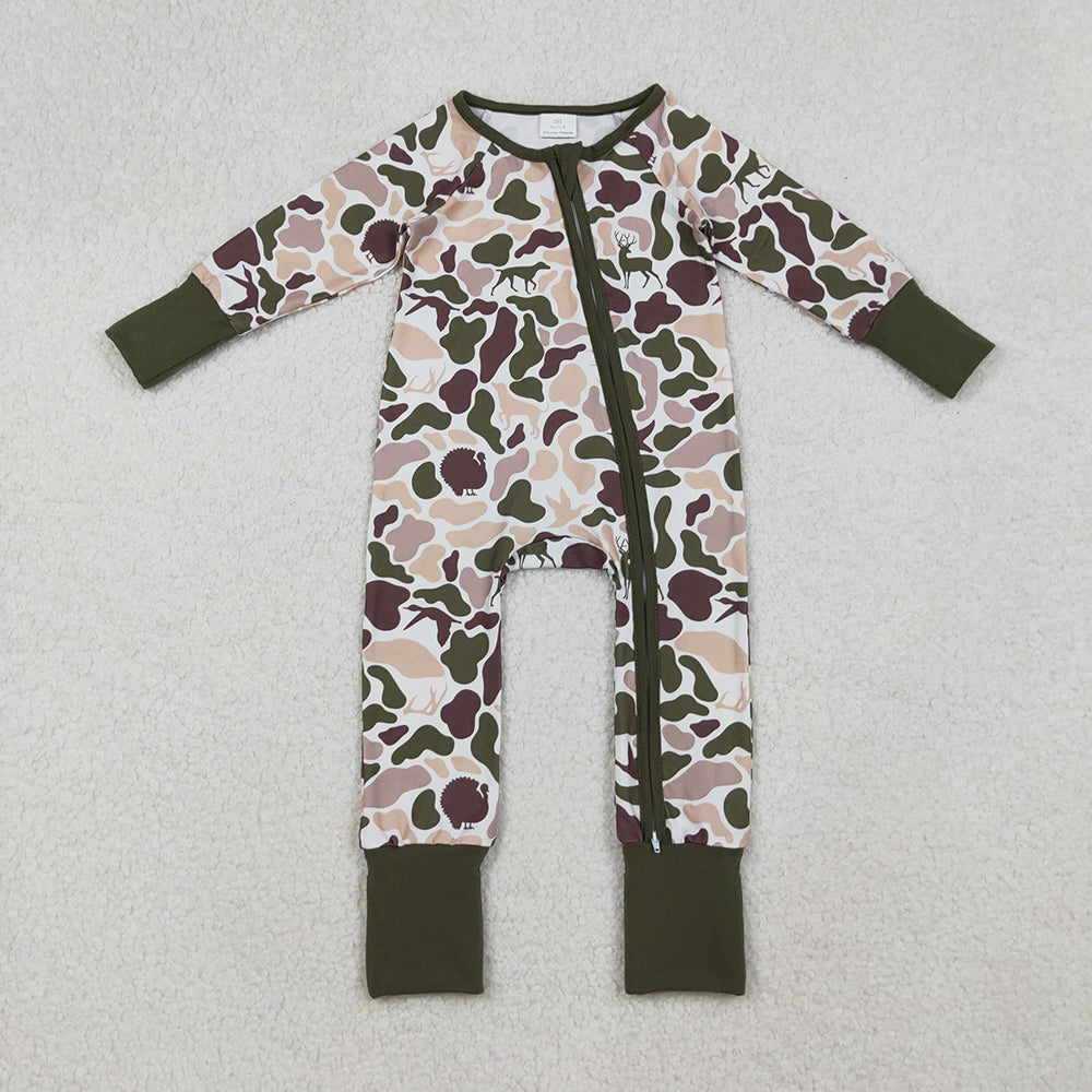 Baby Boys Deer Ducks Dogs Camo Southern Zipper Footie Rompers