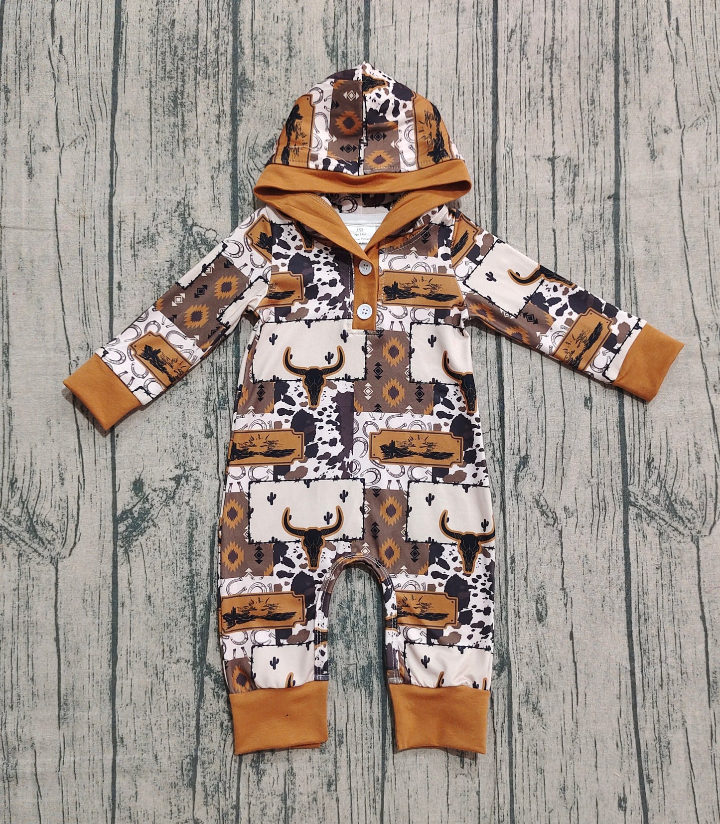 Baby Boys Brown Aztec Bull Skulls Western Hoodie Footie Rompers