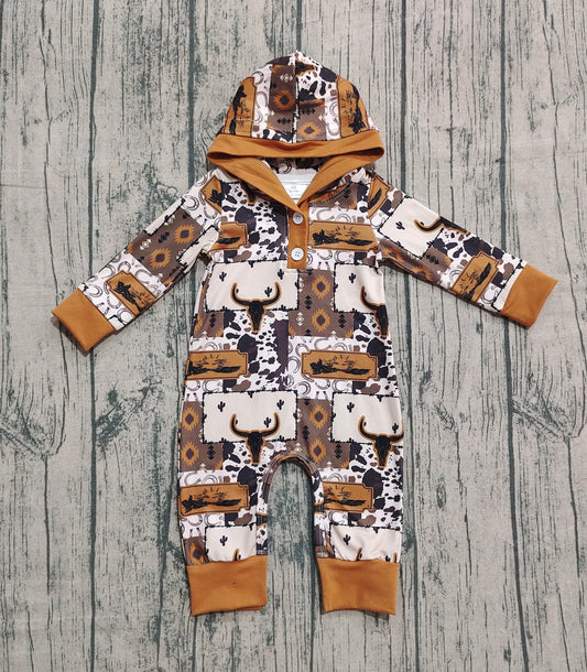 Baby Boys Brown Aztec Bull Skulls Western Hoodie Footie Rompers