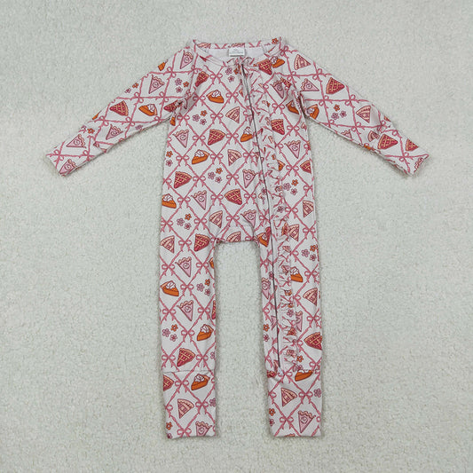 Baby Girls Pink Bows Thanksgiving Cake Fall Zipper Footie Rompers