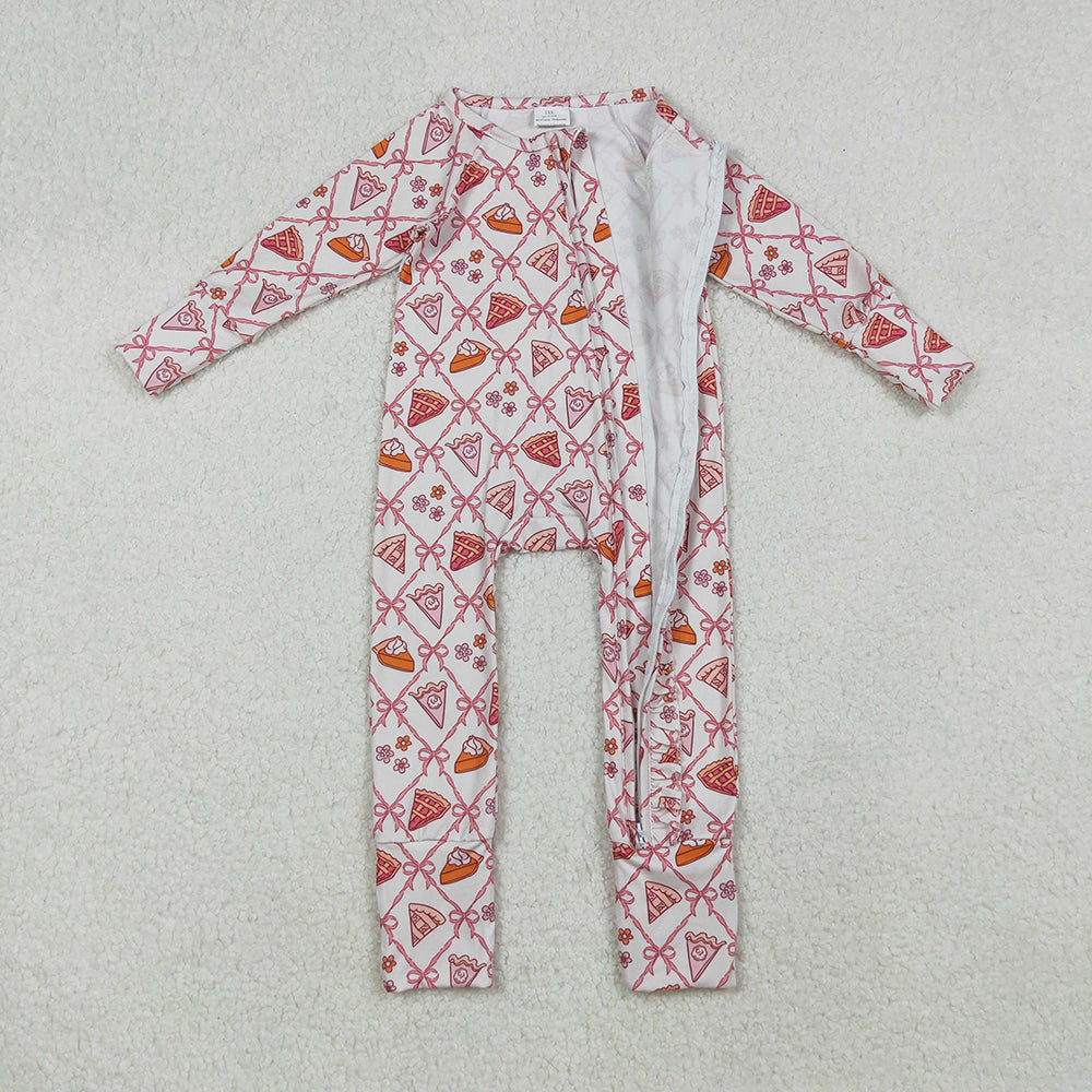 Baby Girls Pink Bows Thanksgiving Cake Fall Zipper Footie Rompers