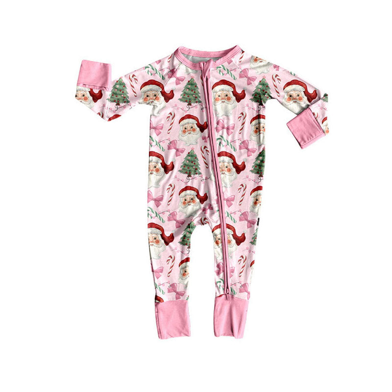 Baby Girls Santa Candy Cane Christmas Zipper Footie Rompers Preorder
