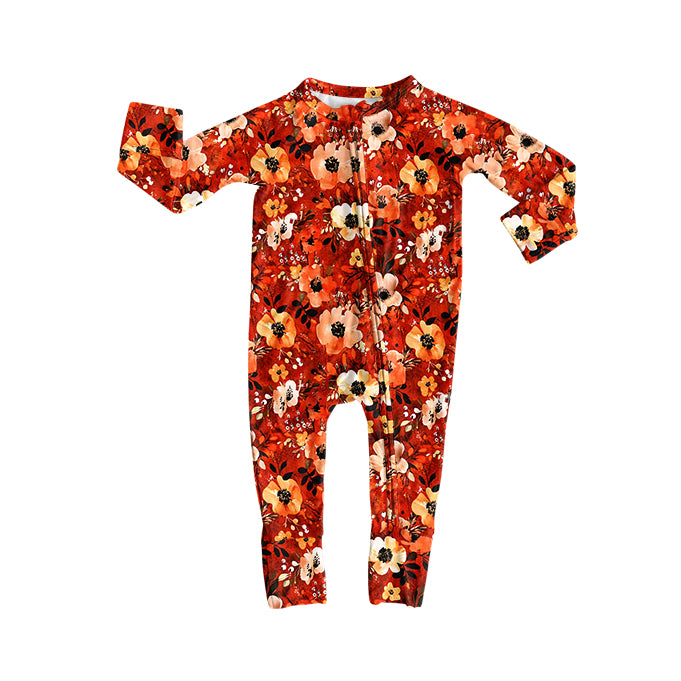 Baby Girls Orange Floral Fall Zipper Footie Rompers Preorder