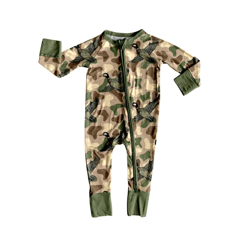 Baby Boys Green Camo Ducks Western Zipper Footie Rompers Preorder