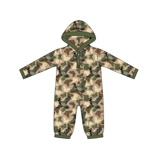 LR2608Baby Boys Green Camo Ducks Western Button Hoodies Footie Rompers Preorder
