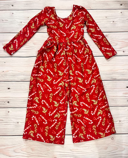 Baby Girls Red Candy Cane Holly Pockets Christmas Flame Jumpsuits Preorder