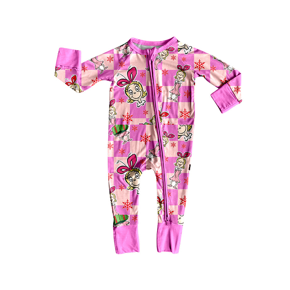 Baby Girls Pink Checked Cartoon Miss Christmas Zipper Footie Rompers Preorder